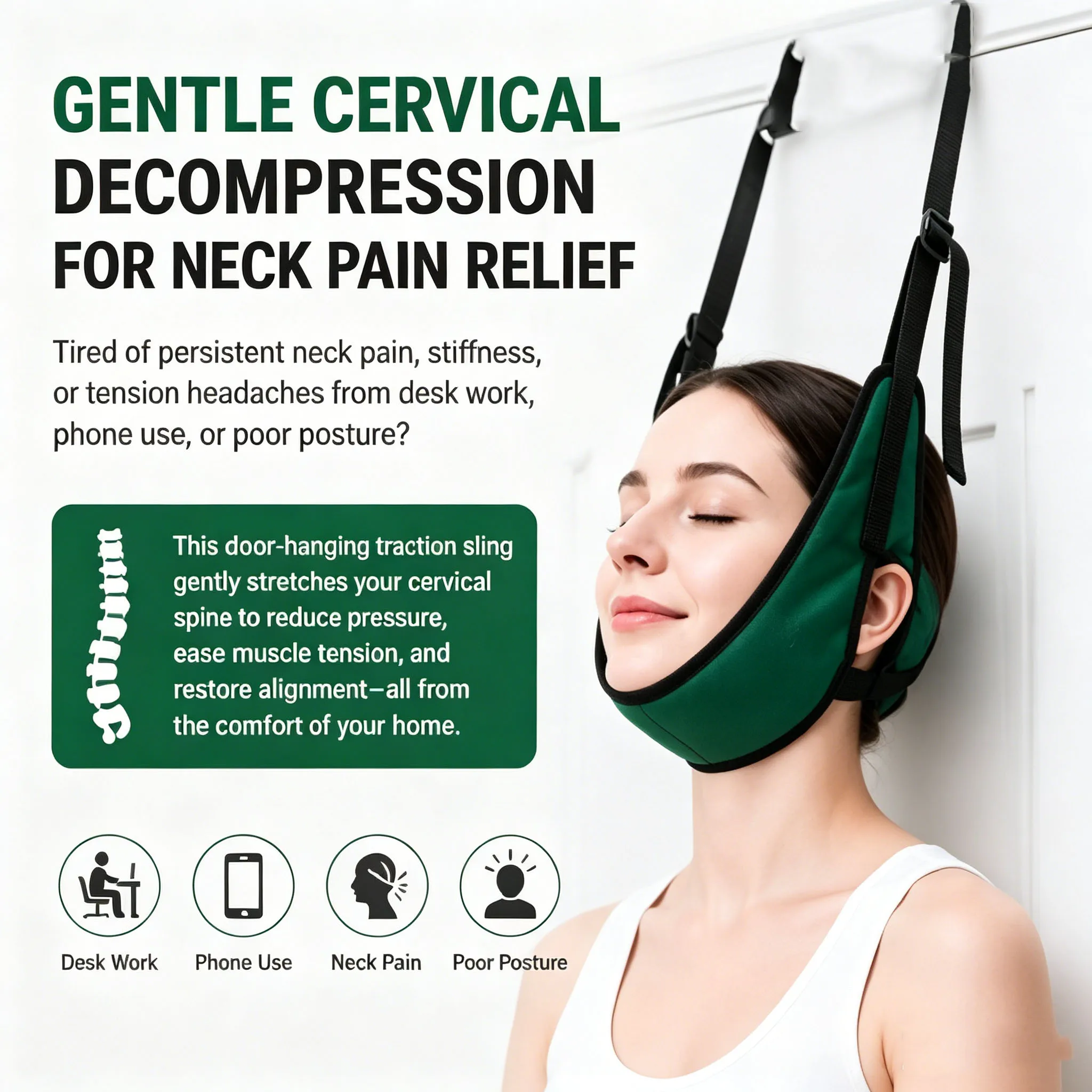 Dispositivo Ergonómico de Tracción Cervical para Colgar en la Puerta, Eslinga de Descompresión Cervical para Aliviar el Dolor de Cuello con Correas Ajustables para Adultos