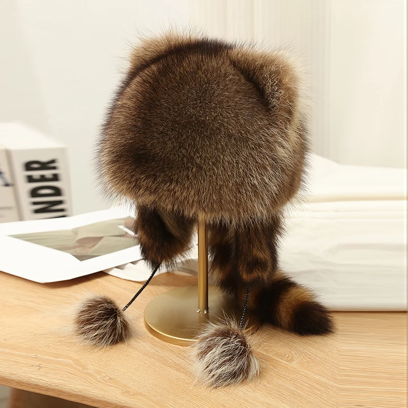 Women Natural Raccoon Fur Tail  Caps Hats Lady Real Raccoon Fur Cap  for Winter Thick Warm Ears Fashion Bomber Pom Pom Hat