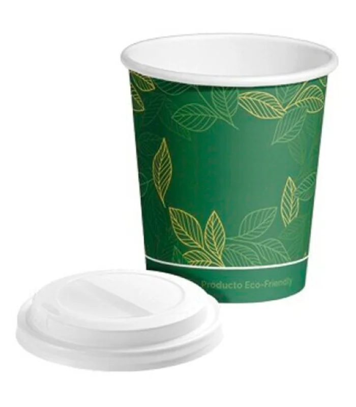 Tradineur - Pack of 25 biodegradable cardboard cups with lid drink, recyclable hot and cold drinks, stackable, eco-fr