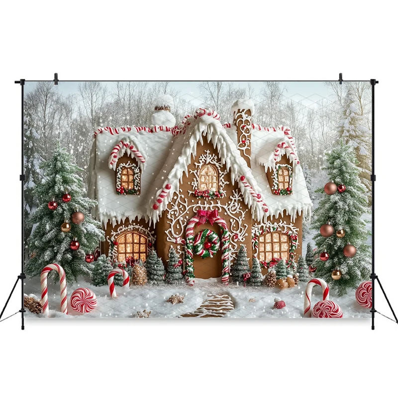 Mocsicka クリスマスハウス写真撮影の背景クリスマスツリーキャンディギフトスノーフレーク装飾パーティー子供の写真の背景壁紙