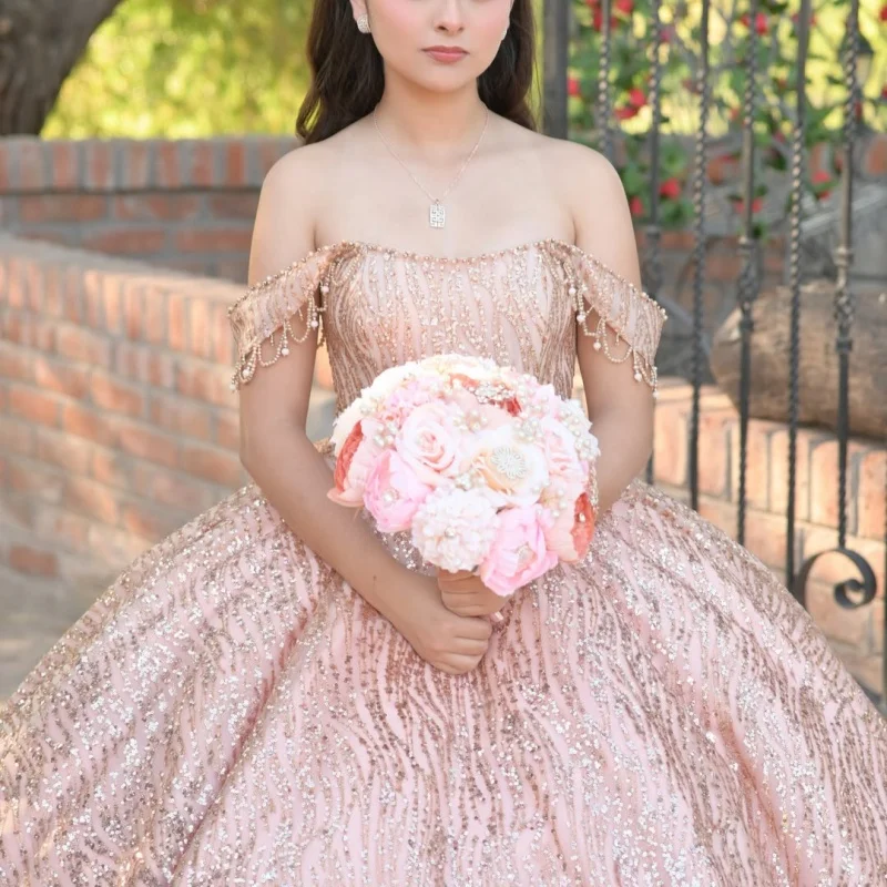 Shiny Rose Gold Quinceanera Dress Glitter Crystal Beading Decal Long tail off-shoulder Vestidos De 15 Quinceanera ﻿Customize