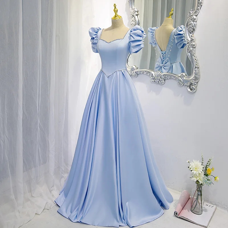 Prom Dress SATIN A-LINE Dresses Woman Party Night Beading Evening Gowns for Women with Short Sleeves Customized