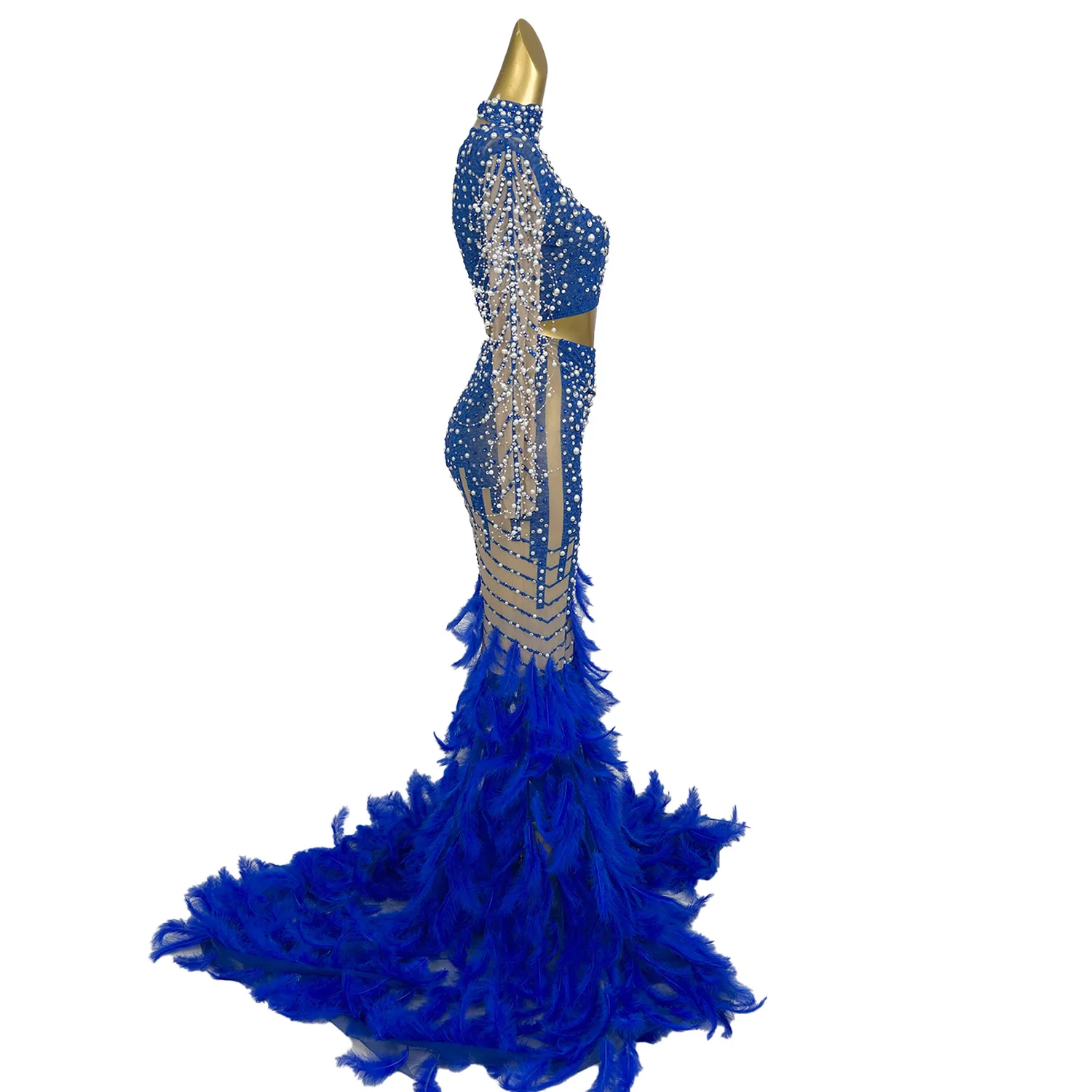 Sexy Nightclub Stones Long Tail Dress Costume Sparkly Pearls Feather Dress Blue Prom Birthday Celebrate Dress Set Fentiyumao