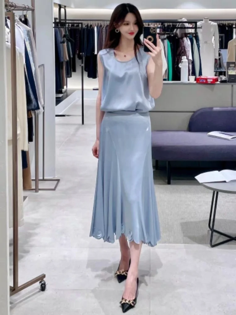 

Elegant Fashionable Breathable Sleeveless Vest Skirt Set Korean Style Summer New Arrival Women's High Waist Midi Workwear