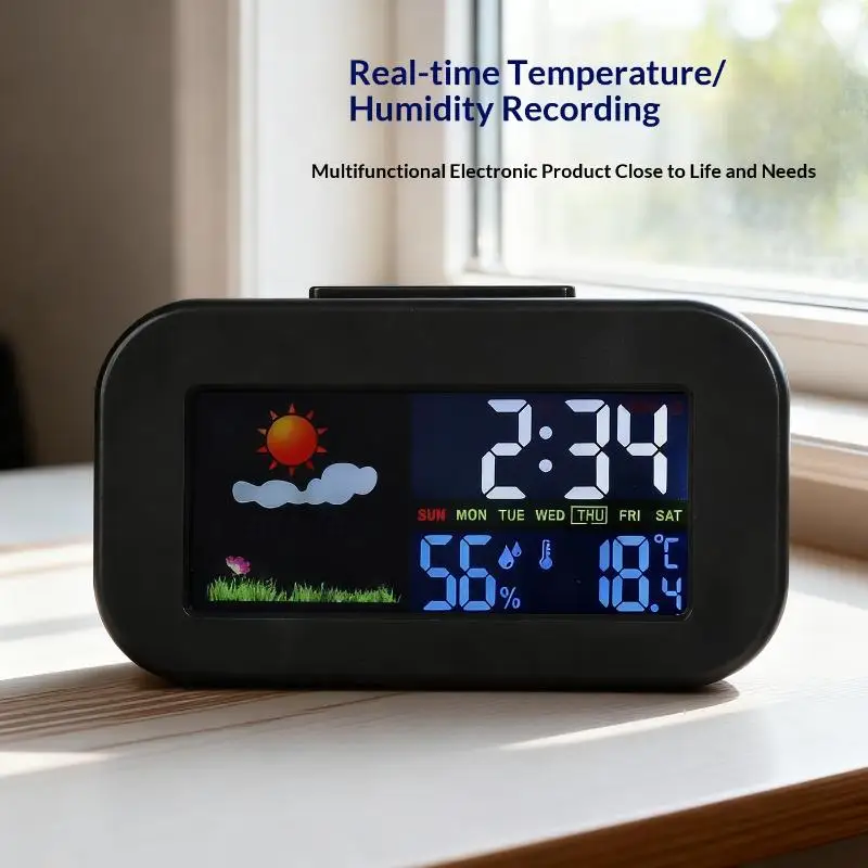 Desktop Environment Monitor - Smart Weather Clock with Color Screen, Tracks Temperature & Humidity, Backlit Display for Bedroom