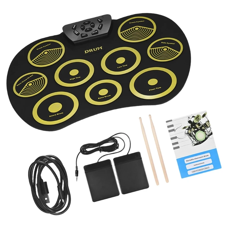 Electronic Foldable Rolls Up Drum Set Practice Pads with Foot Pedals and Sticks Digital Electric Drum Kits for Beginners