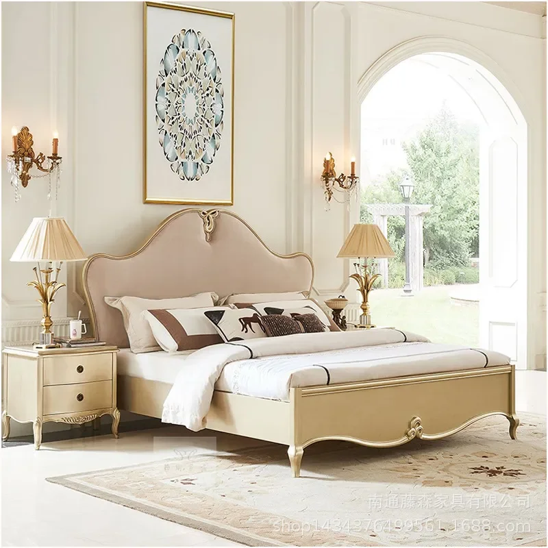 for American Light Luxury Modern Solid Wood Bed for Girl Dirty Pink Internet Celebrity Lotus Root Pink Flannel Wedding French