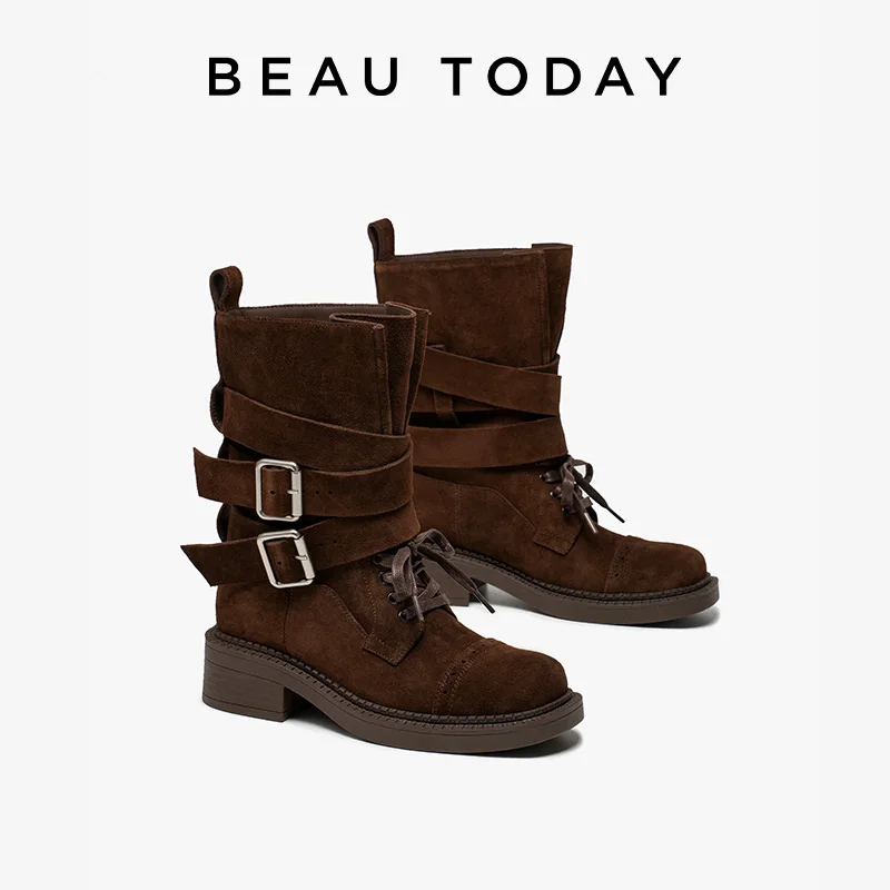 BEAUTODAY Mid-Calf Boots Women Cow Suede Leather Round Toe Double Buckle Strap Vintage Knight Boots Ladies Shoes Handmade 02272