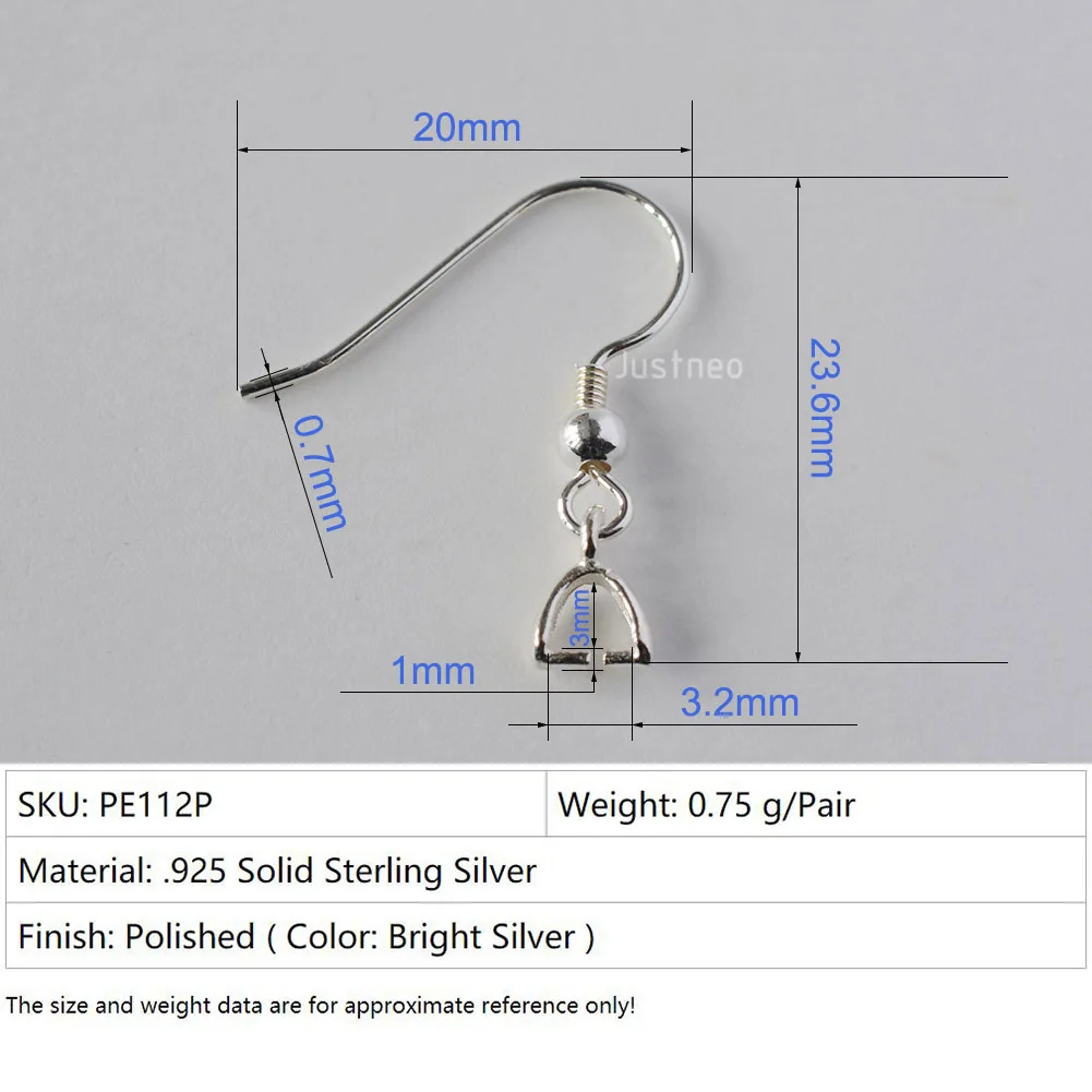 Solid 925 Sterling Silver Earring Hooks with Small Pinch Clip Bail Pendant Clasps Connector, jewelry DIY silver findings