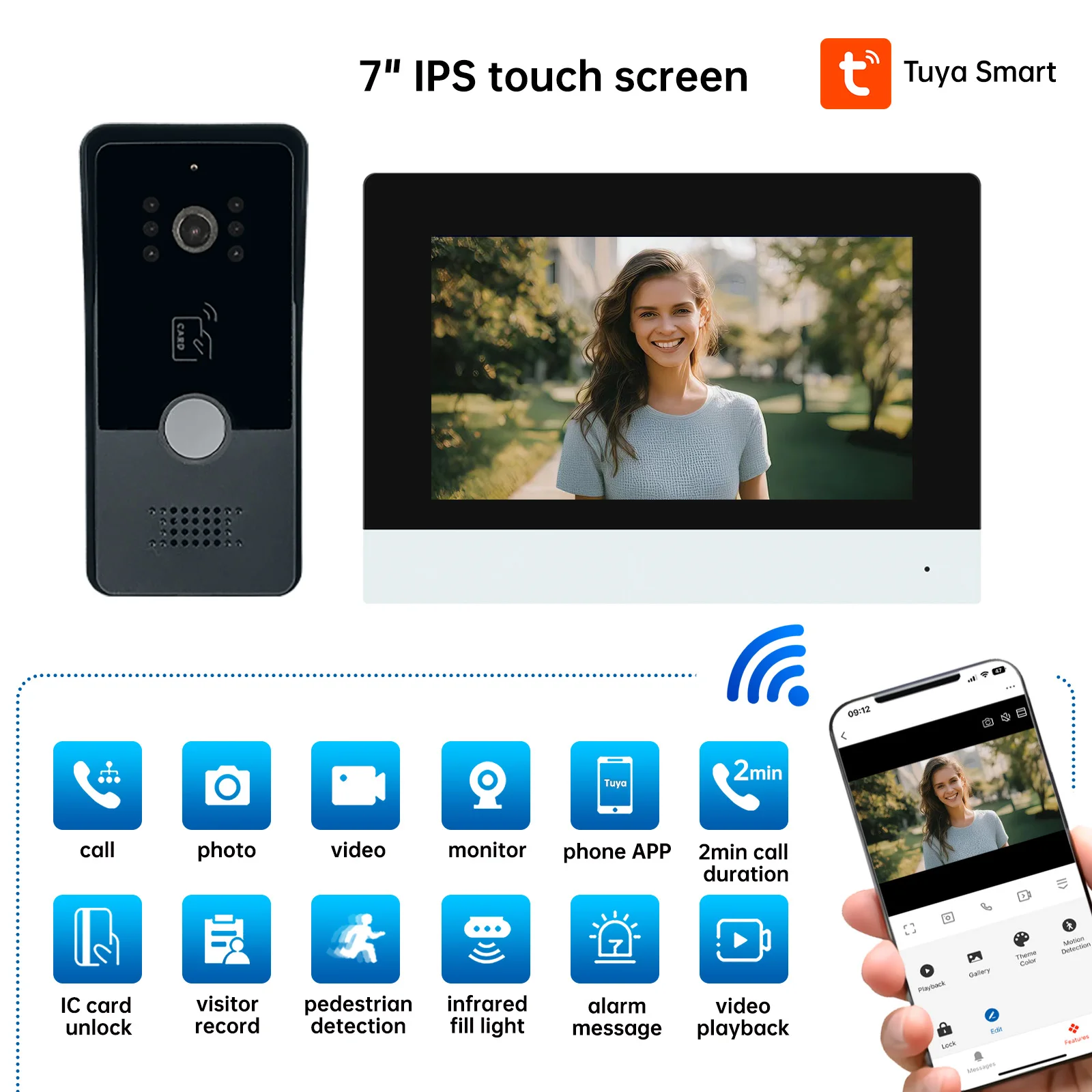 2 سلك فيديو إنترفون فيديوفون 7 "IPS شاشة تعمل باللمس للرؤية الليلية تتفاعل فتح سجل الحركة 1080P تويا التكامل الذكي D6