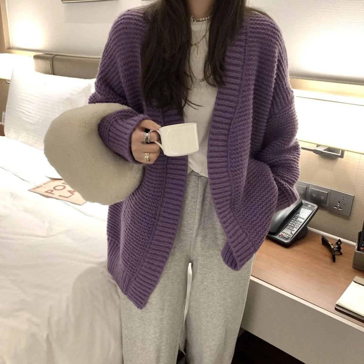 

Autumn Winter Purple Cardigan Women Sweater Knitted Cardigans Tops Vintage V Neck Sweaters Coats Y2k American Retro Cardigans