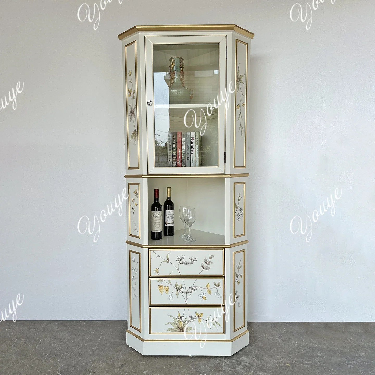 

J French Corner Cabinet Light Luxury Living Room Entrance Cabinet American Painted Triangle Cabinet Hand Painted Art Wind Corner