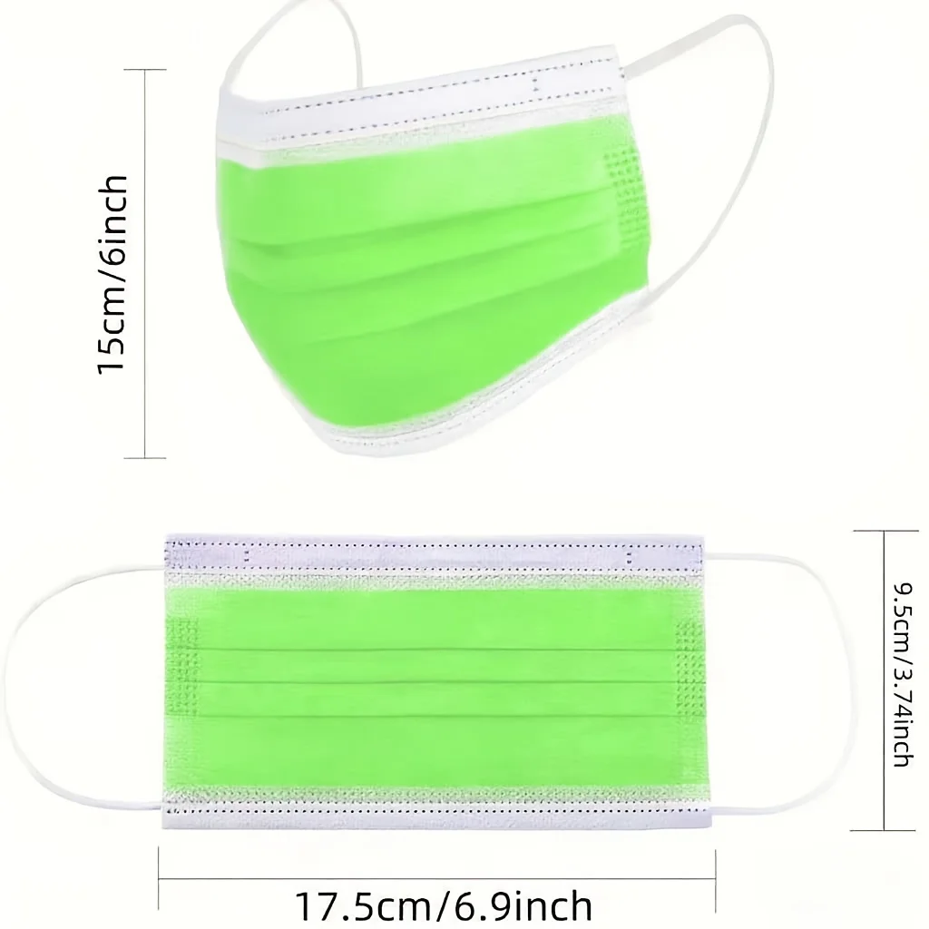 200 unidades de máscaras protetoras descartáveis verde fruta – 3 camadas espessadas, respiráveis e confortáveis, presilhas para os ouvidos ajustáveis e protetores de nariz com segurança ajustados - 200/100/50/10 peças,