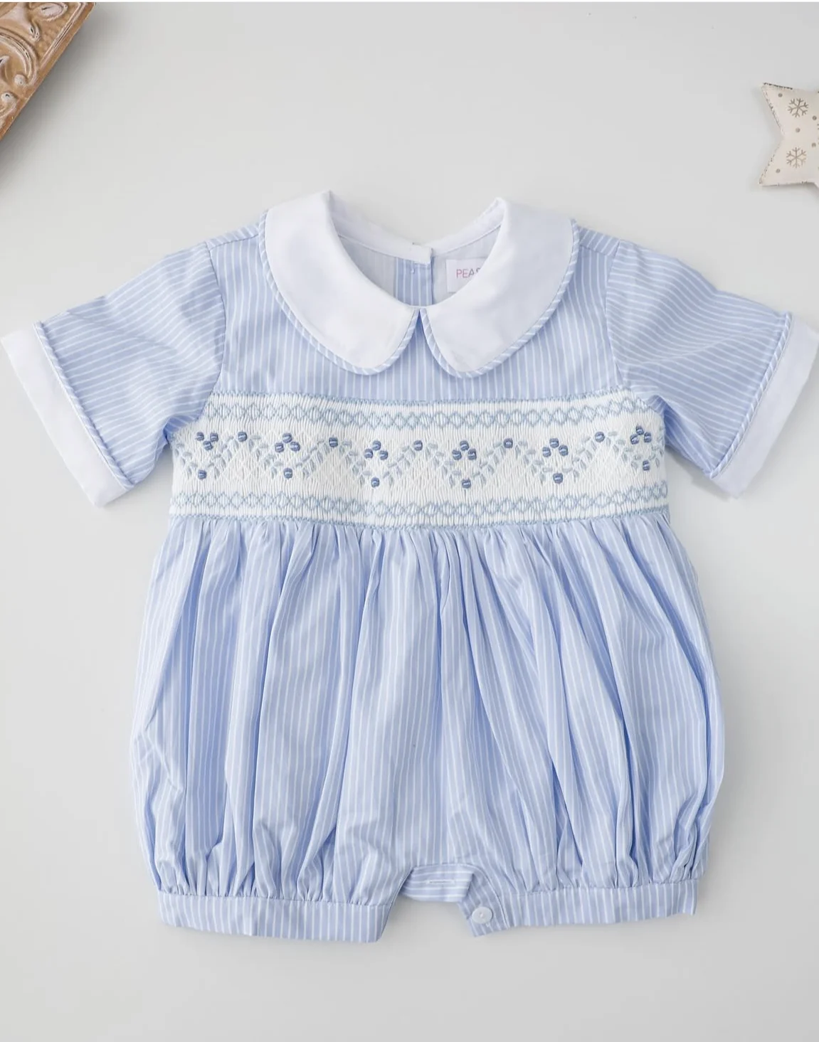 0-6Y Baby Boy Summer Handmade Embroidery Smocked Blue Stripe Rompers for Easter Party Birthday Casual A130