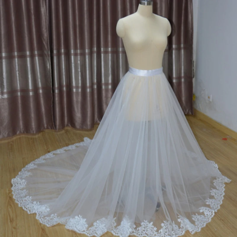 white Detachable Bridal Skirt Wedding Overskirt 2 Layers Removable Tulle Skirt with Lace Bridal Tulle Overskirt custom size