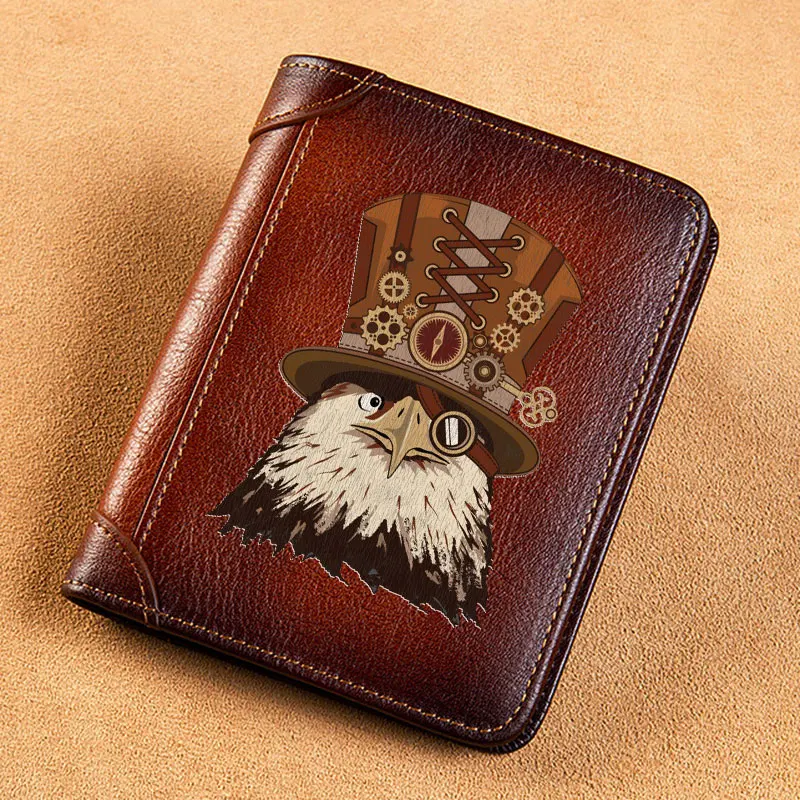 

High Quality Genuine Leather Men Wallets Steampunk Eagle Head Cover Short Card Holder Purse Trifold Men's Wallet BK3873