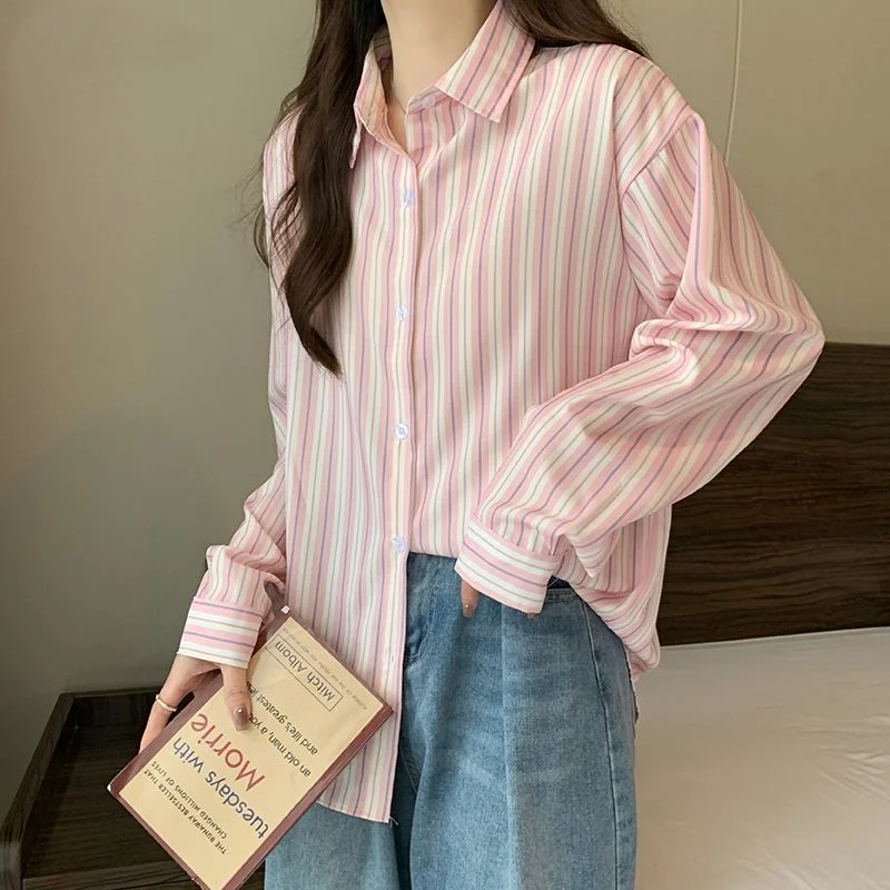 Straight Casual Loose Striped Blouses Turn-down Collar Simplicity Button Spring Summer Thin Sweet Korean Women's Clothing 2023