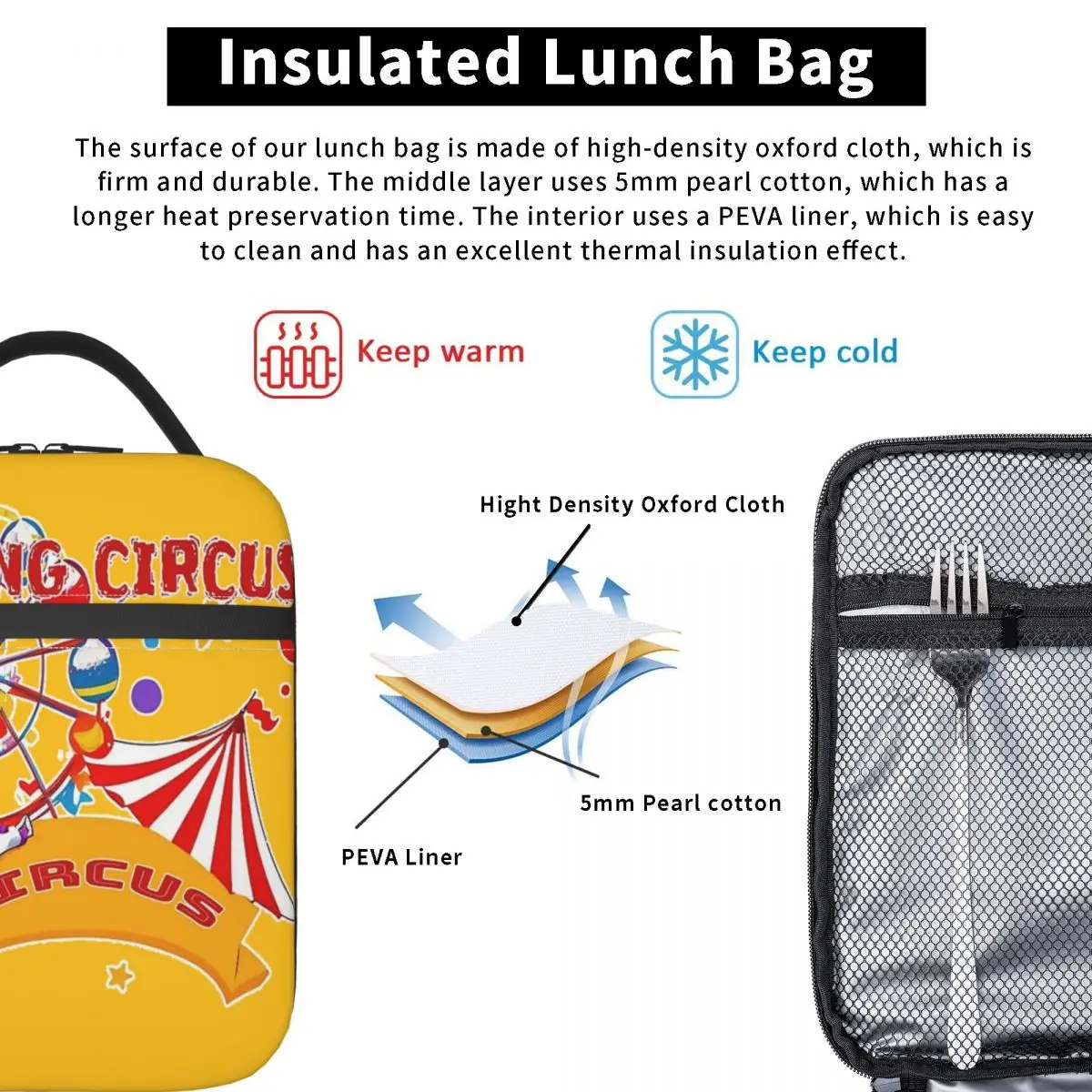 Saco de almoço isolado para a escola Saco de armazenamento de alimentos Portátil, Refrigerador térmico, Caixas, O incrível circo, Engraçado, Desenhos animados, Acessórios