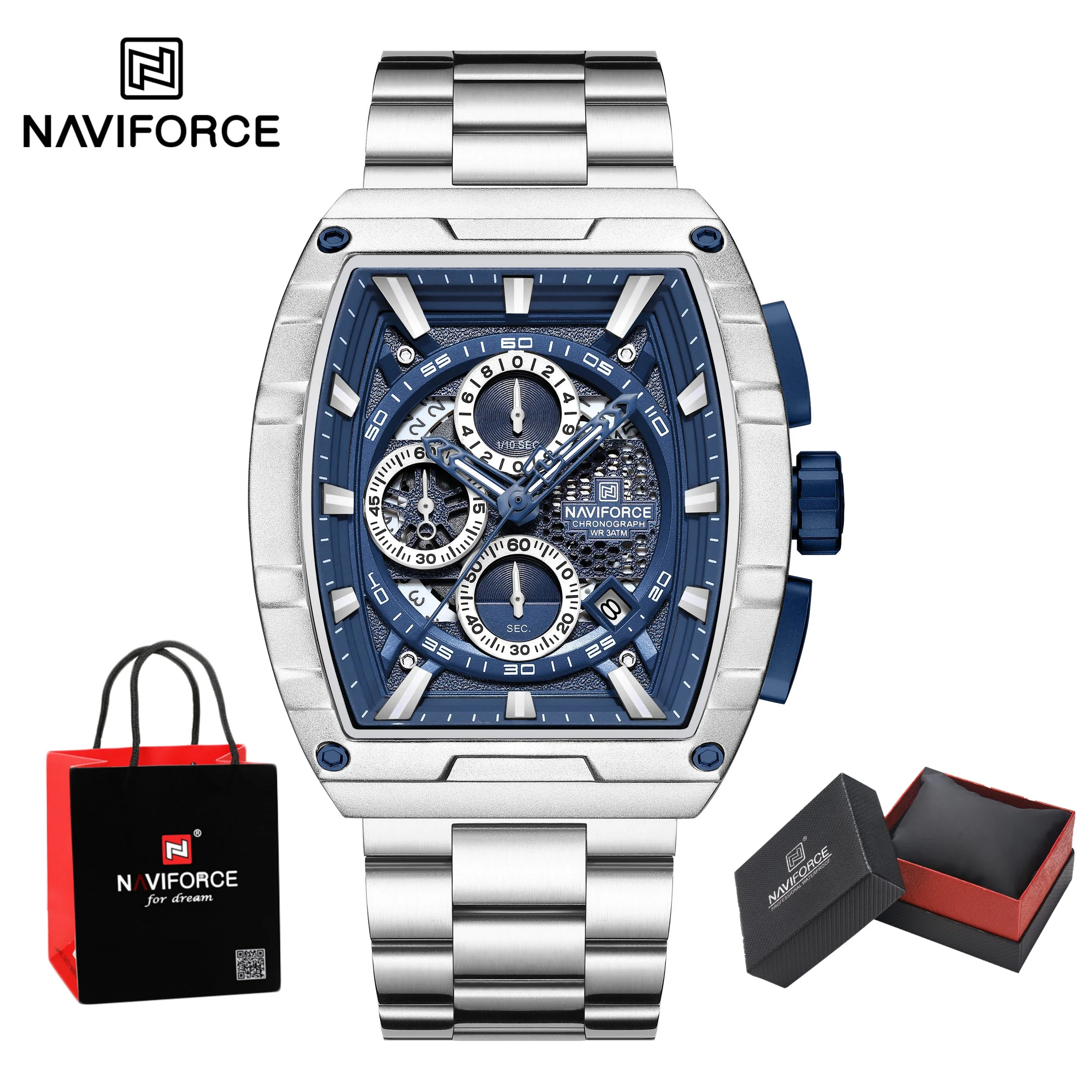 NAVIFORCE Men's Luxury Waterproof Stainless Steel Quartz Wristwatch Chronograph Watches Sports Auto Date Man Watch Package Gifts
