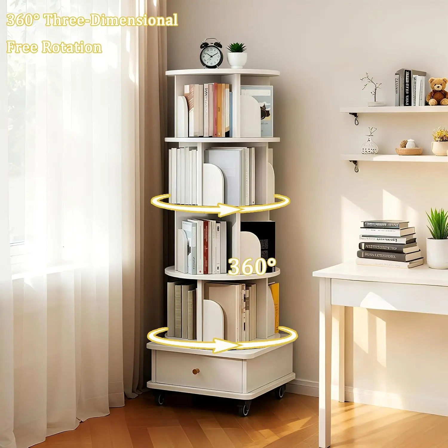 5 Tier Rotating Bookshelf, 360°Display Round Spinning Bookcase, Customized