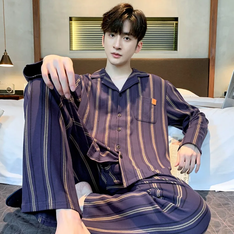 Plaid Cotton Mens Long Sleeve Sleepwear Spring Cardigan Home Clothes Male Korean Fashion Pijamas Set 2Pcs Nightwear Pyjamas