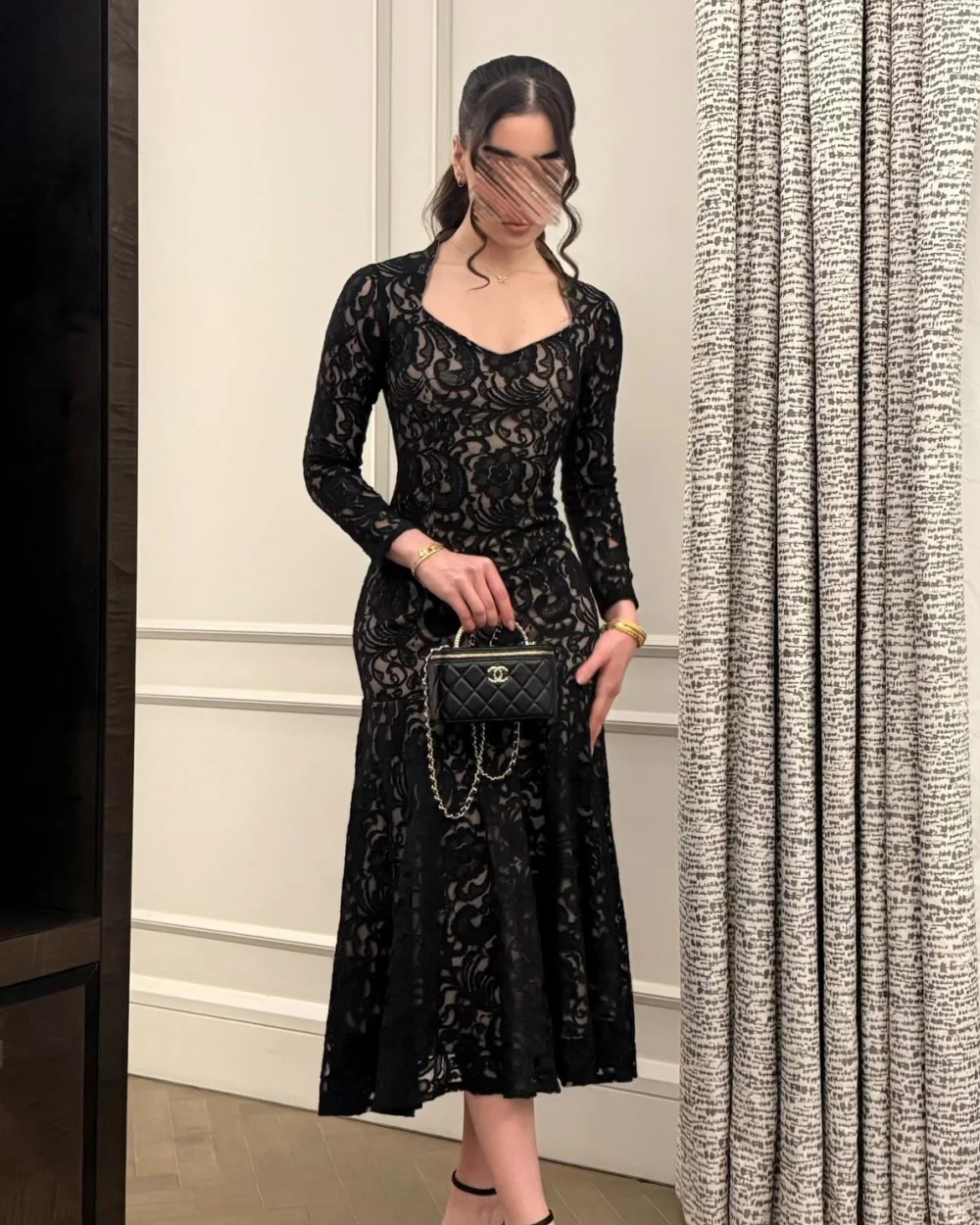 

Customized Elegant Evening Dress Square Neck Lace Ruched Mermaid Prom Gown Saudi Arabia Simple Long Sleeves Tea Length Dresses