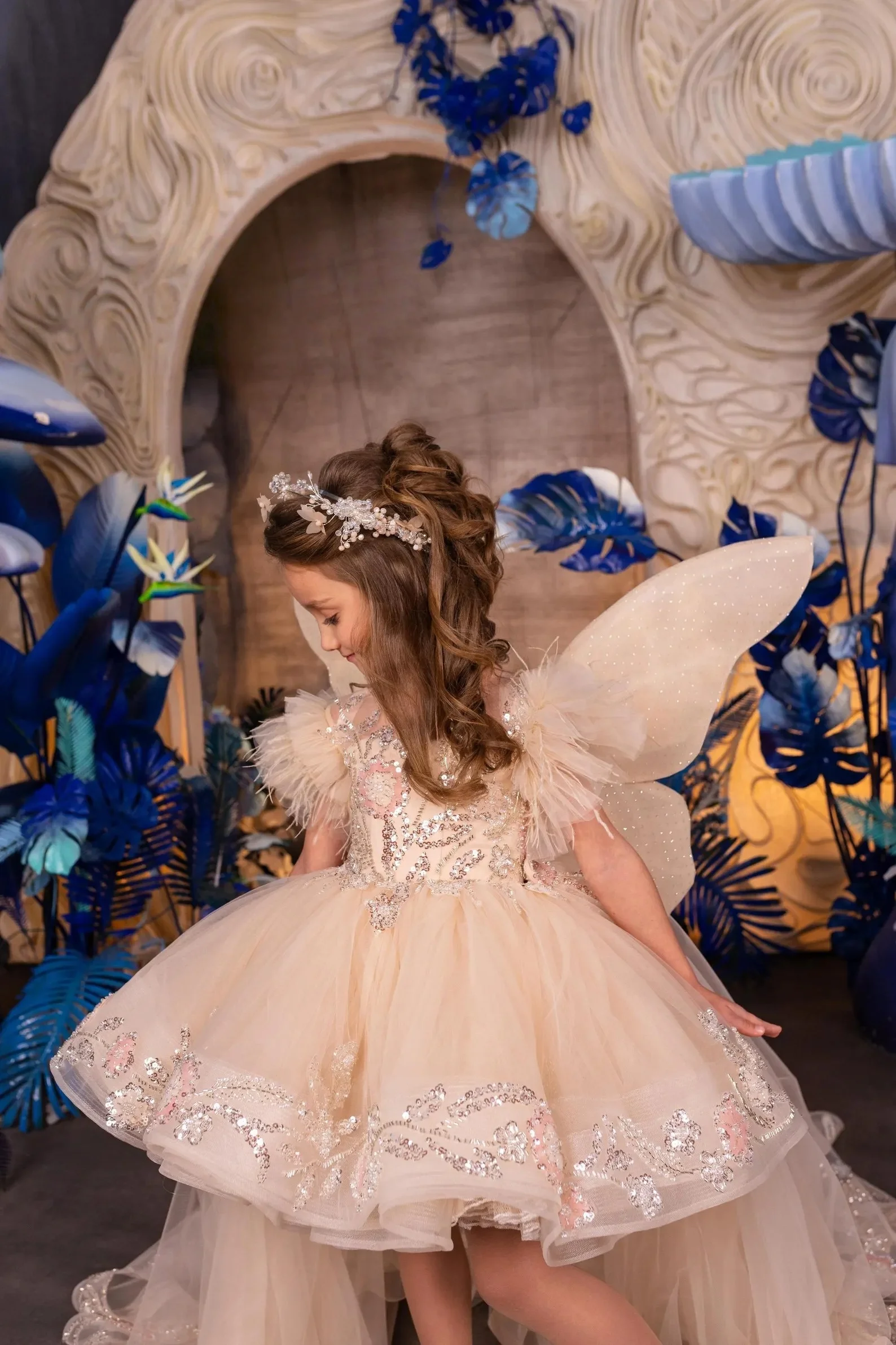 Custom JDY High-end Heavy Industry Sequin High Low Train Flower Girl Dress Wedding Party Gown Birthday Pageant Dress for Kids