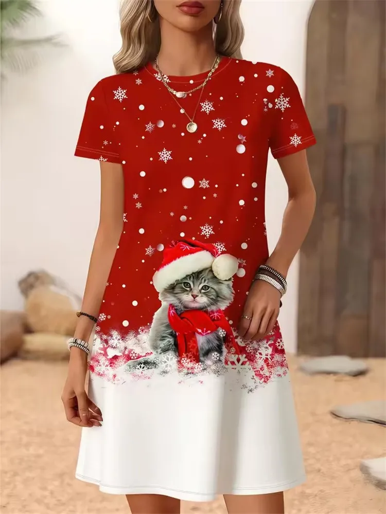 

Рождественские милые платья с принтом кошек для женщин, лето 2021, модная рождественская одежда со снежинками, повседневное свободное платье трапециевидной формы с короткими рукавами