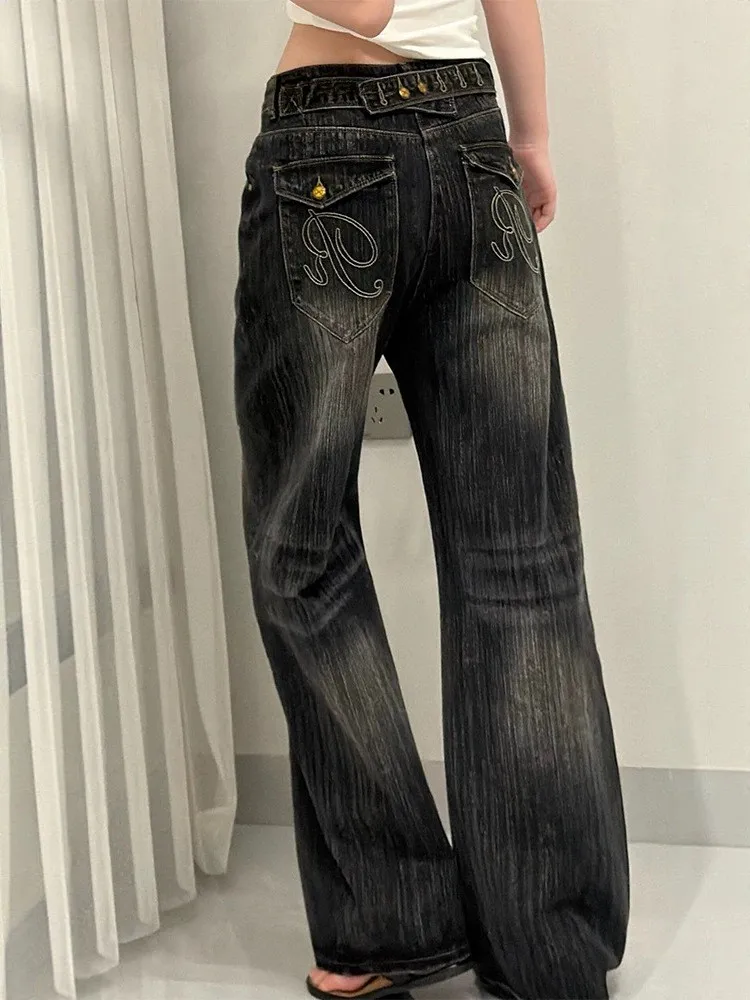 High Waist Straight Leg Denim Jeans Women's Casual Paris Buckle Large Size Design Sensation Retro Versatile Loose Wide Leg Pants