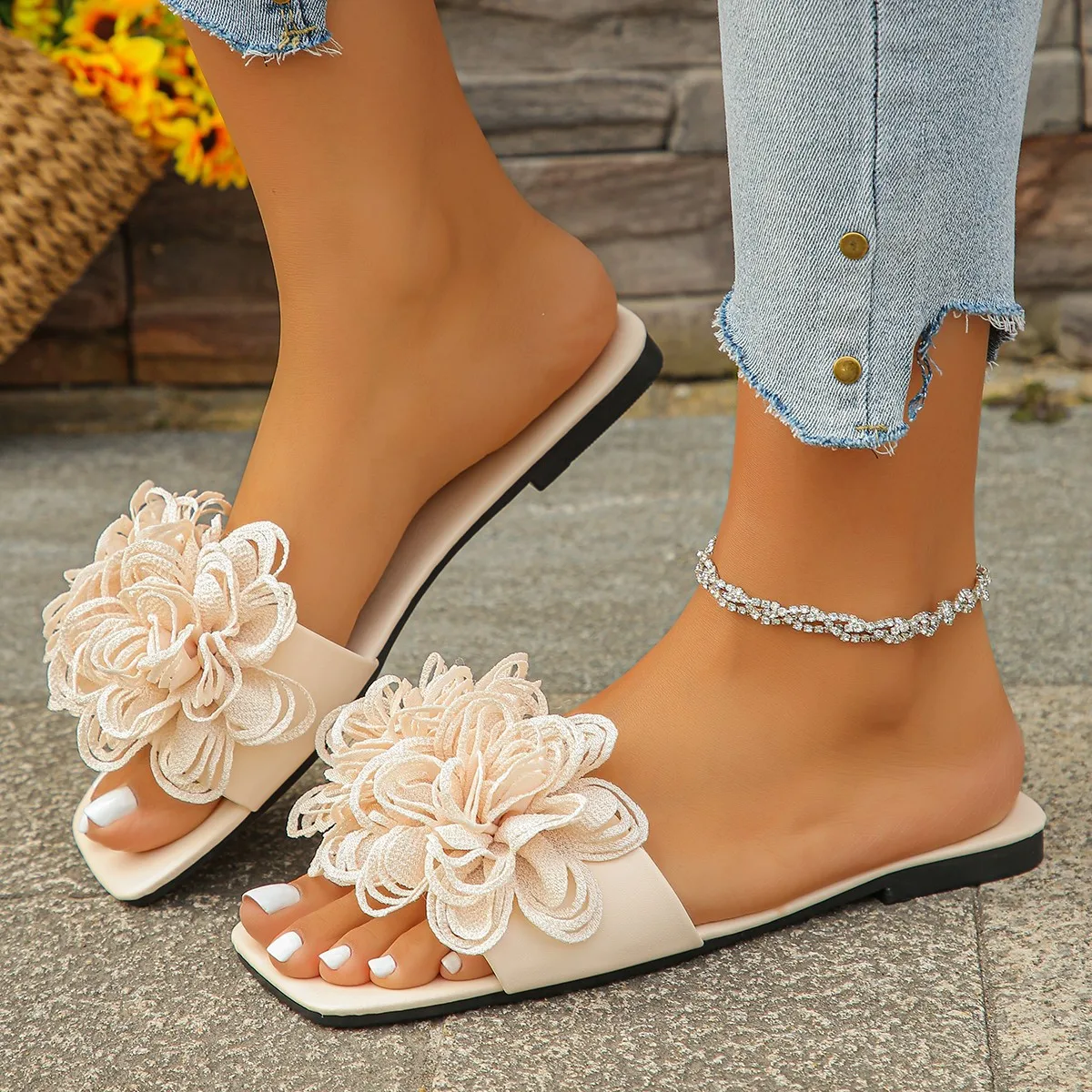 Crochet Flower Slide Sandals Woman Summer Pink Blue Floral Mule Slippers Ladies Rainbow Color Outdoor Vacation Slip-on Flat Shoe