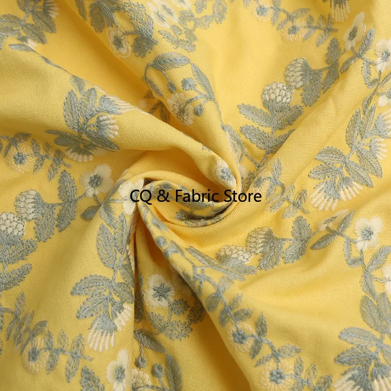 Yellow Floral Embroidery Cotton And Linen Fabric For Bags Sofas Dining Table Curtains Tablecloths DIY Handmade Fabric