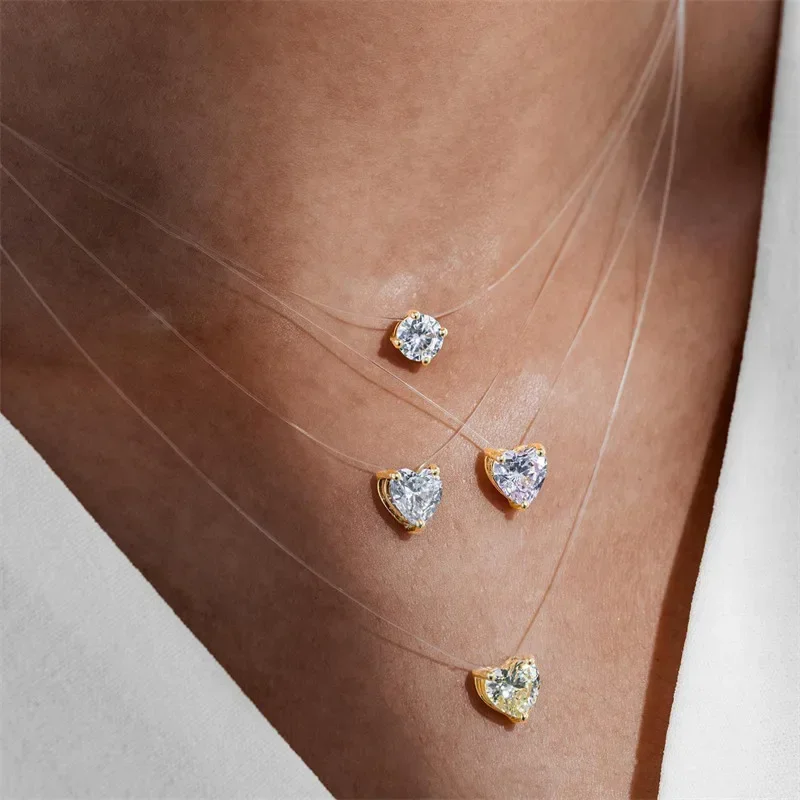 

Transparent Invisible Fish Line Zircon Heart Pendant Necklace for Women Fashion Jewelry Wearable for Gathering Date Party