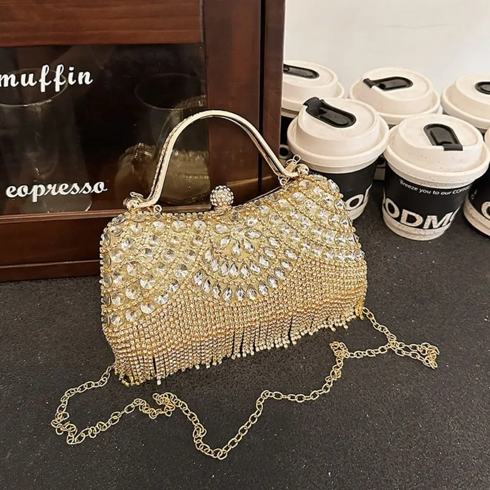 

Metal Top Handle Tassel Evening Banquet Bag Rhinestone Wrist Bag Box Handbag Large Capacity Glitter Ladies Clutch Bag Party
