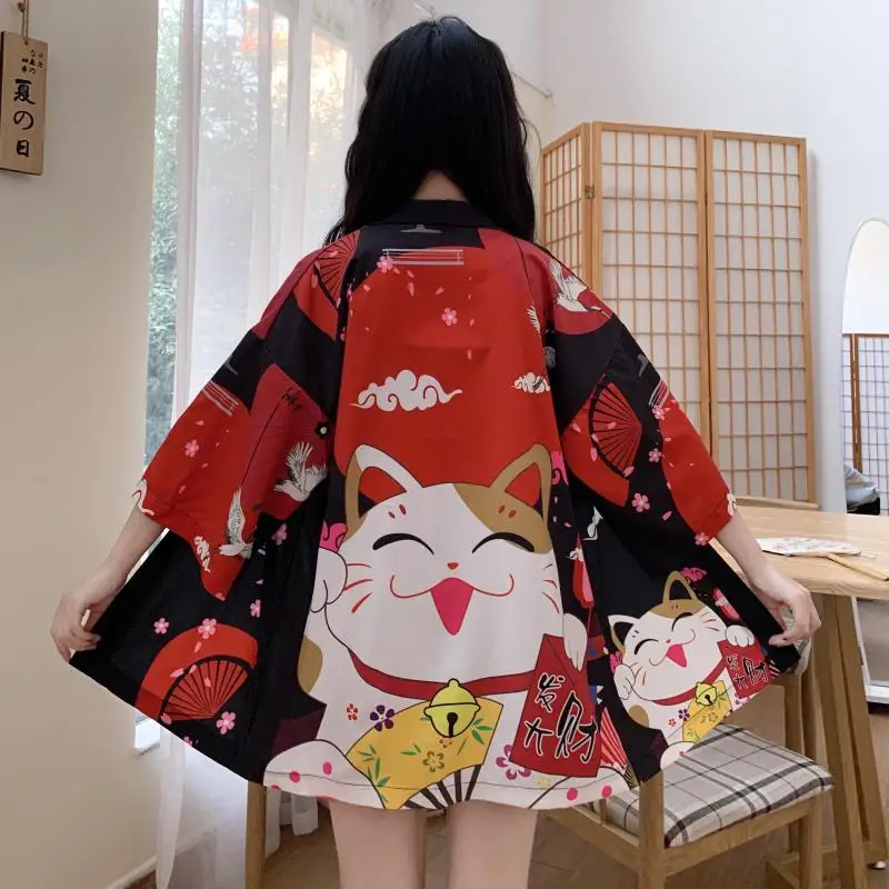 Japanese-Style Retro Cute Girl Academy Style Lucky Cat Print Kimono Cardigan Haori Summer Beach Vacation Bikini Swimsuit Cover-Up Sun Protection Clothing
