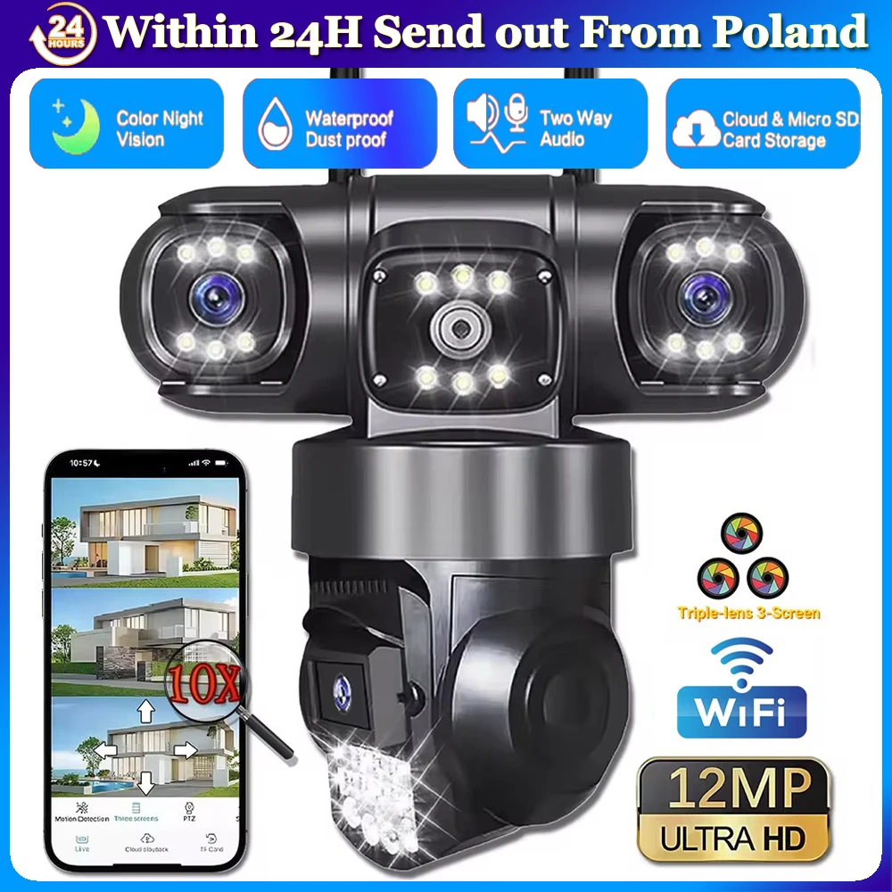 Caméra IP WiFi 12MP 6K à Trois Objectifs, Caméra de Surveillance Extérieure CCTV, Protection de Sécurité, Vision Nocturne en Couleur, Détection de Mouvement, Protection de Sécurité Domestique, Surveillance, Caméras V380 Pro