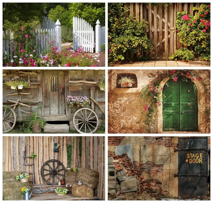 Laeacco Rustic Wood House Photocall Photography Background Spring Flower Old Wheel Kids Adult Portrait Backdrop for Photo Studio