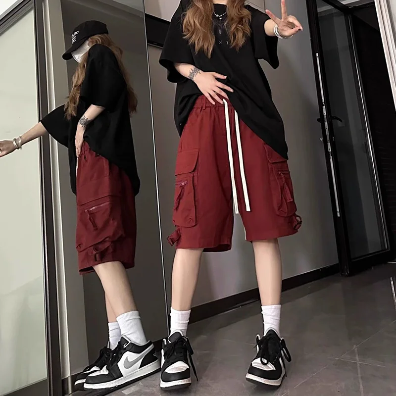 American Y2K Cargo Pants Women Summer Loose Straight Red Streetwear Shorts Trousers Pocket High Waist Bf Harajuku Sweatpants