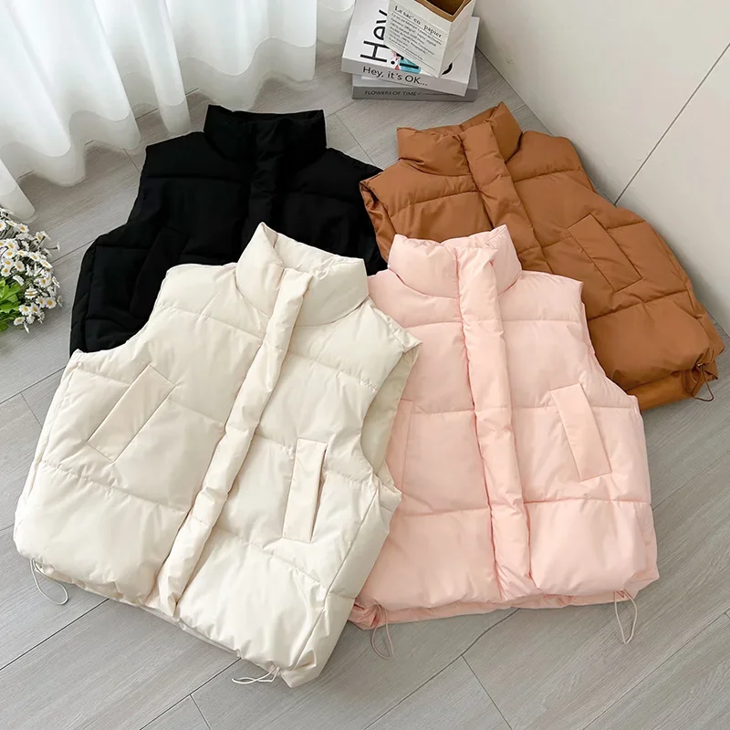 

Casual Student Puffer Vests Loose Short Cotton Vest Winter Jackets Fashion New Women's Waistcoat Stand Collar Sleeveless Top
