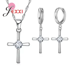 925 Sterling Silver Jewelry Set With Cross Shape White Crystal Pendant Necklace Hoop Earring Sets For Women Wedding Party