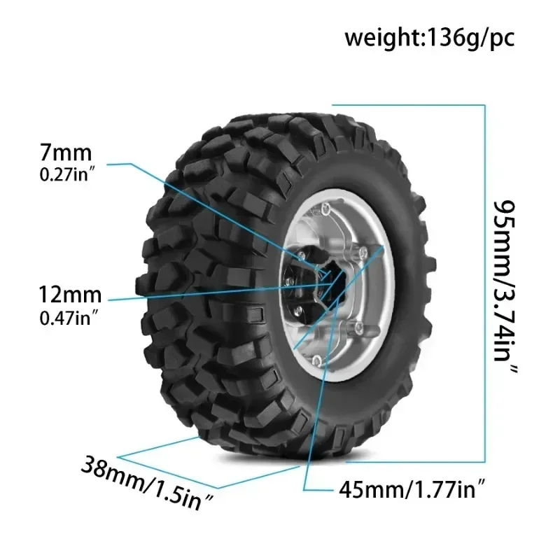 Set di pneumatici per cerchioni Beadlock con piatto profondo da 4 pezzi 95 mm in metallo 1,9 "per 1/10 RC Crawler Car MJX H12Y R260