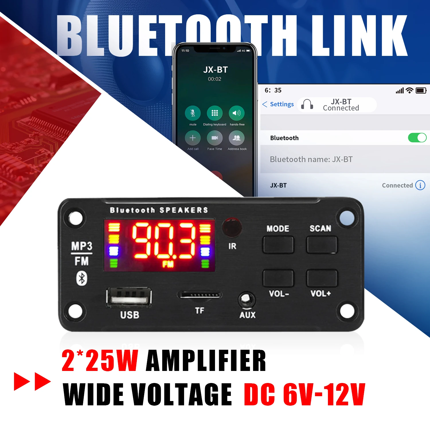 Amplificatore 12V 50W scheda di decodifica MP3 Bluetooth V5.0 lettore MP3 per auto modulo di registrazione USB Radio FM AUX per altoparlante vivavoce