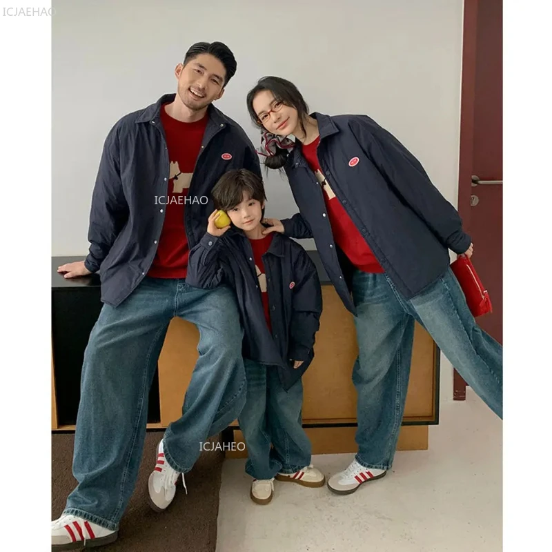 

Family Set Parents Children Warm Cotton Lined Coat Korean Style Padded Shirt Collar Jacket Mother Son Daughter Clothes Winter