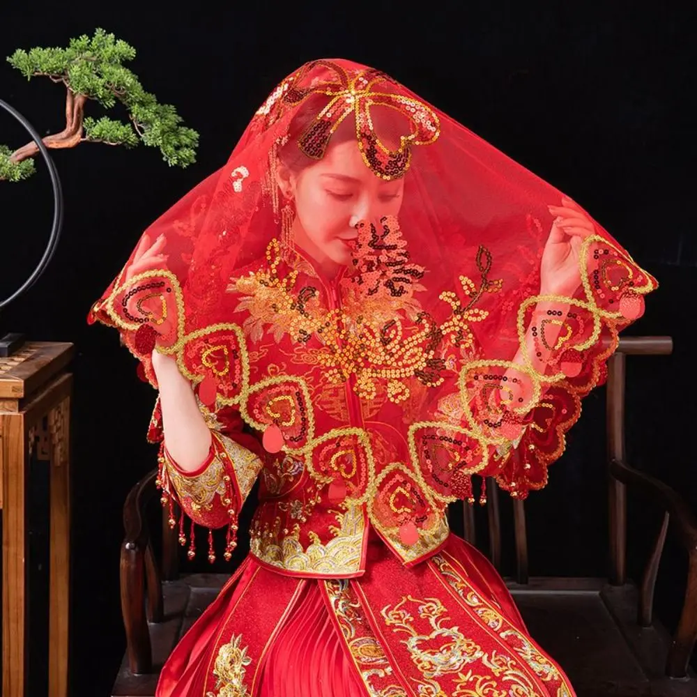 

Вишитый древний шарф с кисточками, свадебные аксессуары, красная вуаль, свадебный головной убор, китайский свадебный головной убор, вуаль невесты, кружевная вуаль