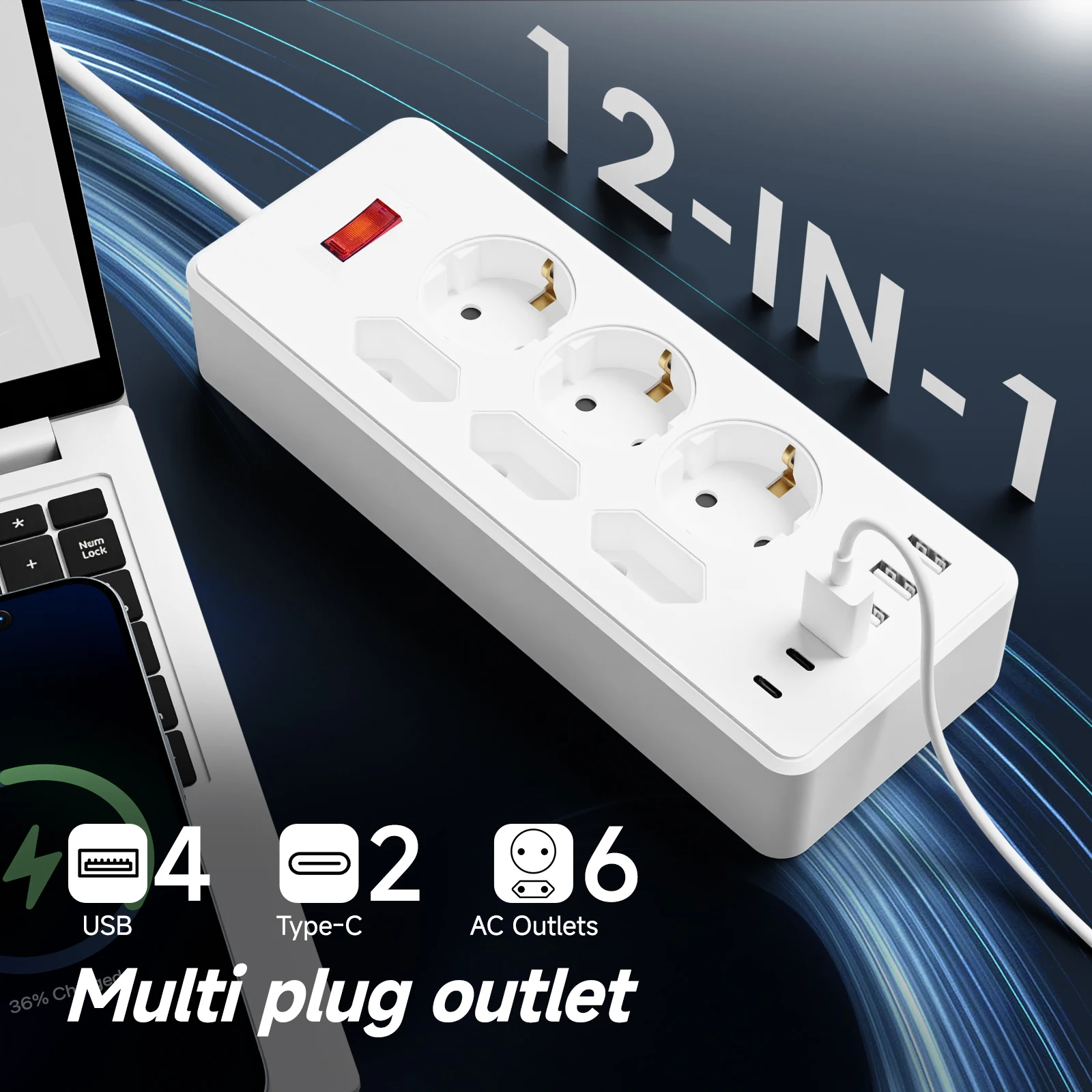 6-Socket 4-USB 2-Type Charging Interfaces Desktop Office Power Strip with Master Switch for Efficient Space Utilization