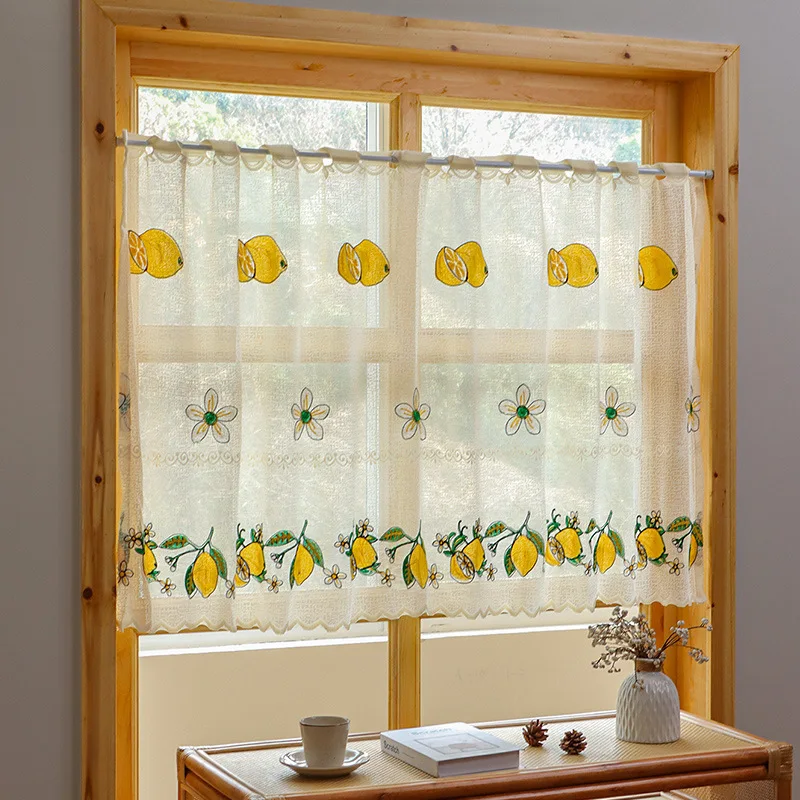 

Полупрозрачная занавеска с вышивкой лимонных фруктов, полуоконные прозрачные шторы, стержень, карманная кисточка, кухонная цветочная кофейная занавеска