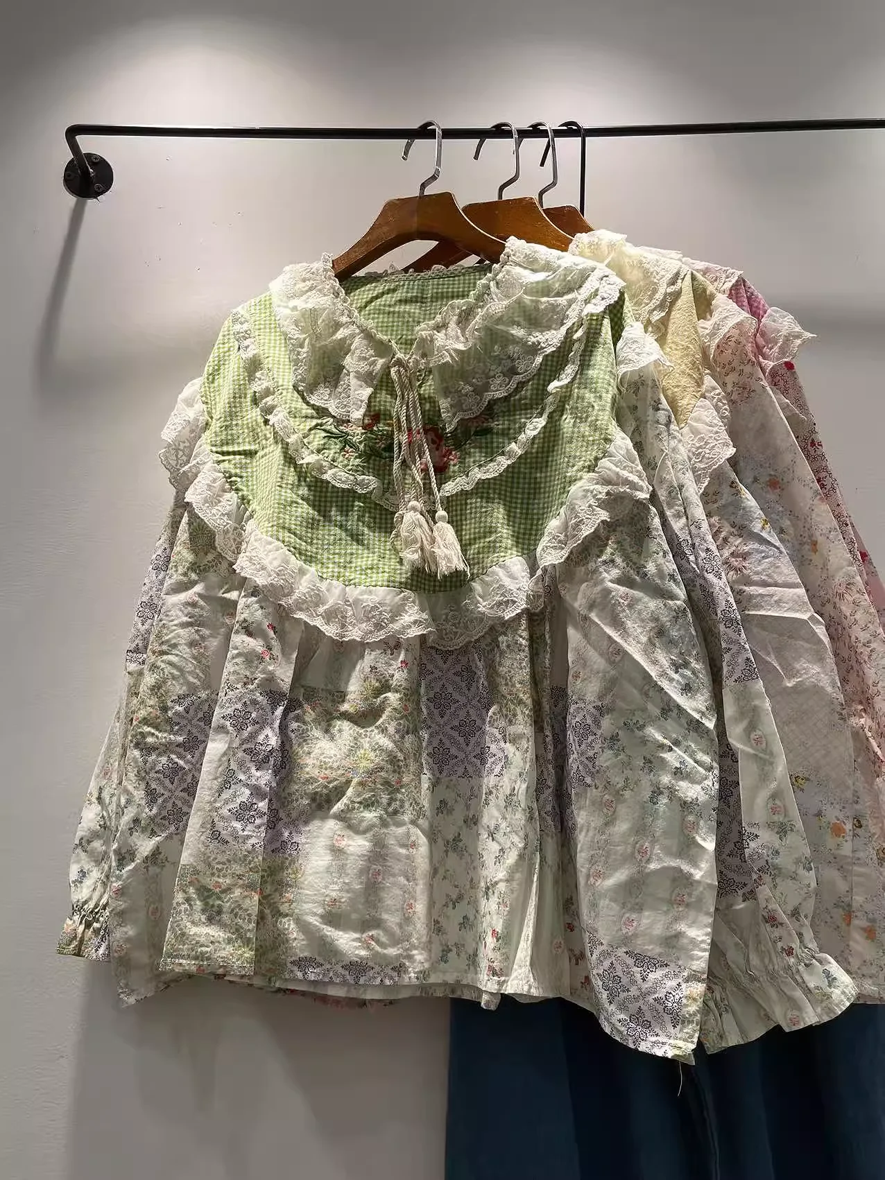 

Mori kei sweet pink yellow green lace patchwork shirts 100% cotton long sleeve blouses loose princess lolita clothes