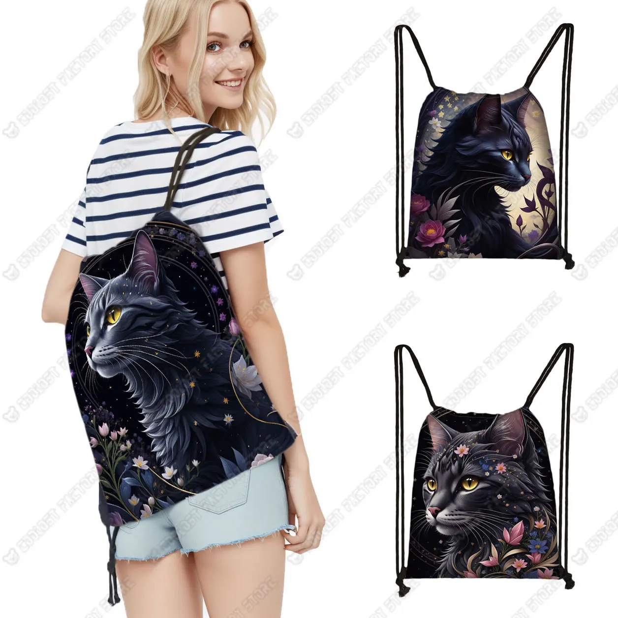Kawaii Black Cat Moon Printing Drawstring Bag for Travel Teenager Bookbag Gym Sport Backpacks Day Bag Shoes Holder Gift