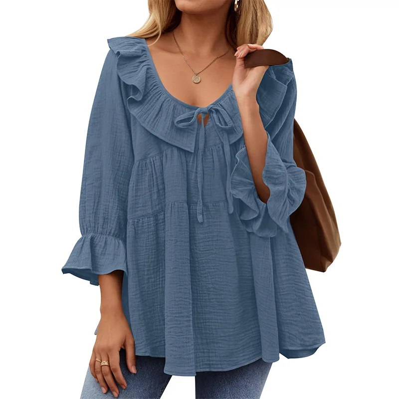 Summer Vintage Short Sleeve Shirt Tops Woman Casual Splicing Blouse Female V-Neck Solid Blusas Stylish Button Cuffs Chemise 2025