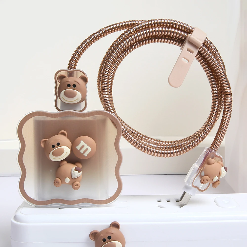 Cute Cartoon Bear Charger Protector Cable Organizer For iPhone 11 15 14 13 12 Pro Max 20w 18W US Data Cord Winder Management Kit