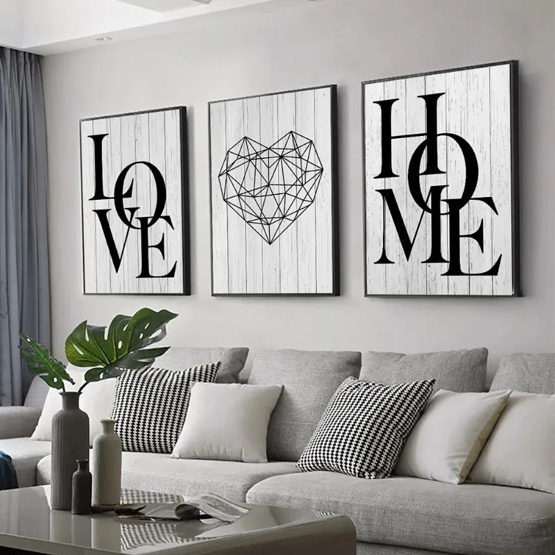 Impresiones en lienzo con letras y corazón de diamante para el hogar, arte nórdico moderno para pared de salón, pinturas decorativas en blanco y negro, decoración del hogar, 3 uds.